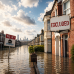 Flooded UK homes with To Let and Excluded signs highlighting gaps in Flood Re insurance eligibility