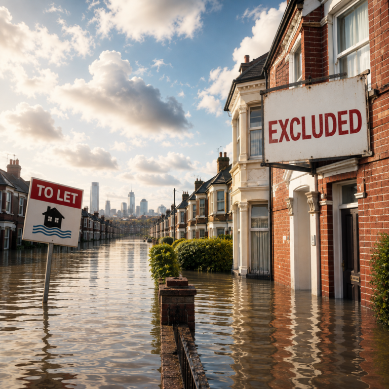 Flooded UK homes with To Let and Excluded signs highlighting gaps in Flood Re insurance eligibility