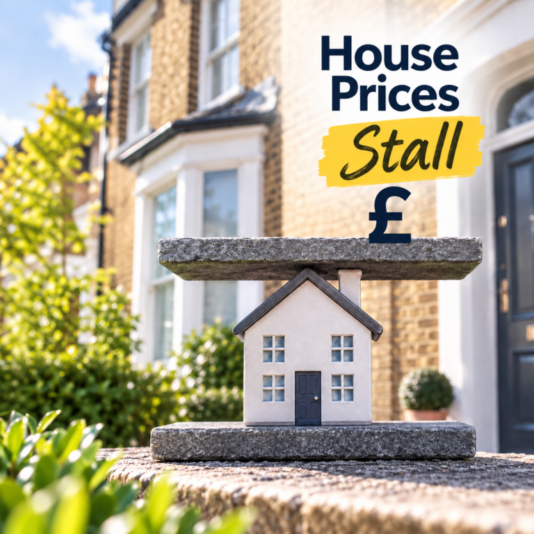 Model house under a weight illustrating stalled UK house prices amid affordability pressures