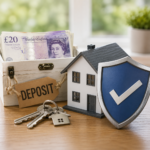 Deposit protection concept showing house model, keys, cash deposit and security shield for landlord deposit scheme article.