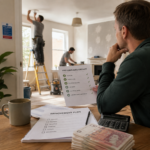 HMO landlord reviews compliance and improvement plans while contractors upgrade a rental property