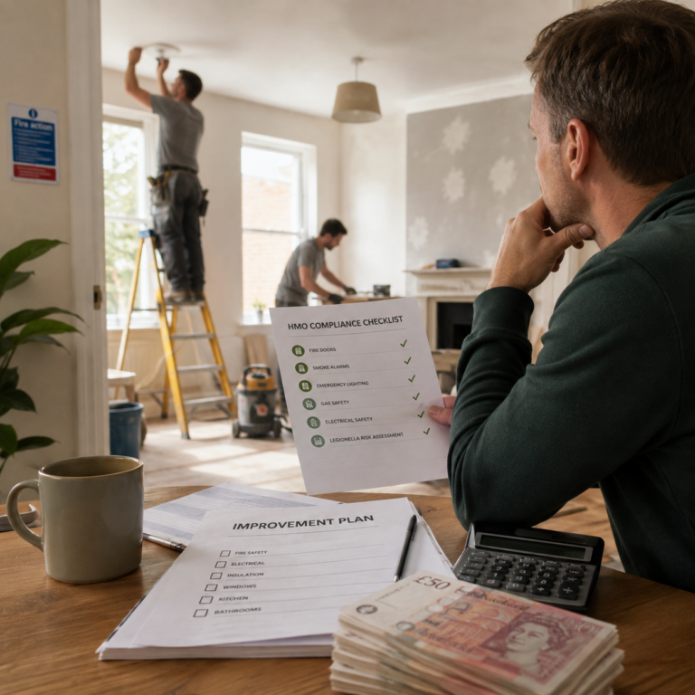 HMO landlord reviews compliance and improvement plans while contractors upgrade a rental property