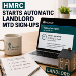HMRC Making Tax Digital sign-up displayed on a laptop beside a model house and landlord MTD checklist.