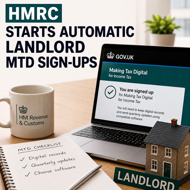 HMRC Making Tax Digital sign-up displayed on a laptop beside a model house and landlord MTD checklist.