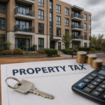 Property tax document, house key, calculator and pound coins outside a modern UK apartment building.