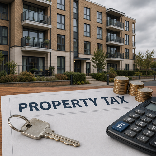 Property tax document, house key, calculator and pound coins outside a modern UK apartment building.