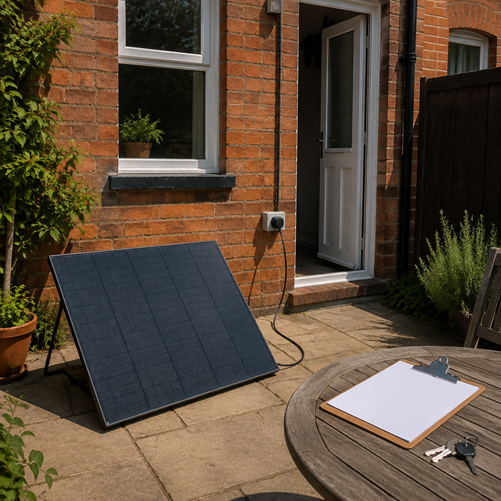 Plug-in solar panel outside a rented red-brick house with landlord keys and a clipboard nearby.