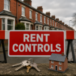 Rent controls barrier in front of British terraced homes, house keys and a model property.