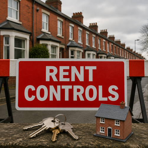 Rent controls barrier in front of British terraced homes, house keys and a model property.