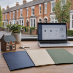 Letting agency desk with property keys, compliance folders and a laptop overlooking British terraced houses.