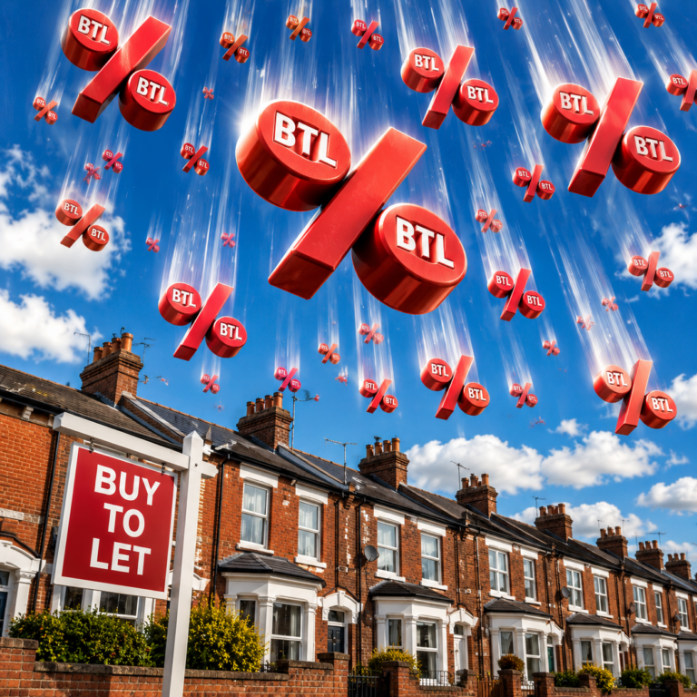 Buy-to-let homes with falling BTL percentage symbols representing lower landlord mortgage rates