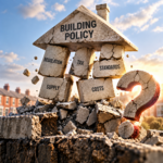 Crumbling building policy structure representing unstable landlord regulation, taxes, standards, supply and costs