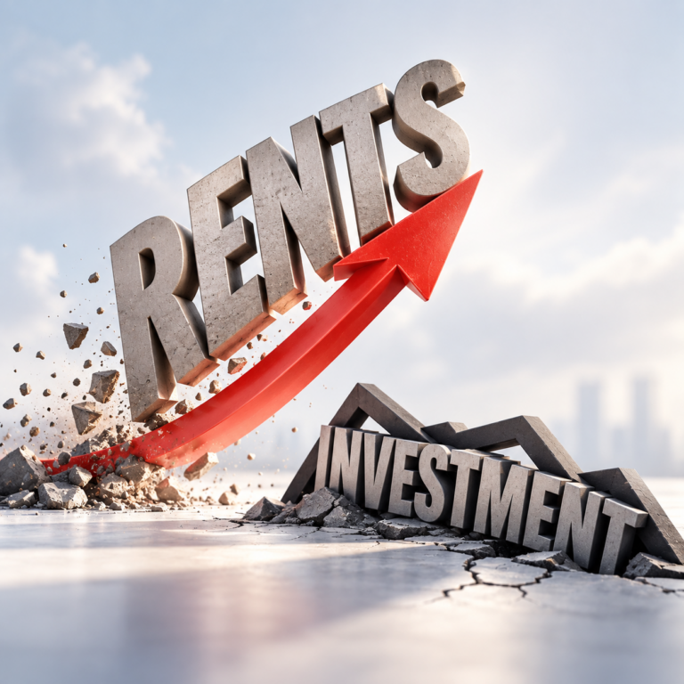 Rising rents graphic illustrating weak landlord investment and falling UK rental supply