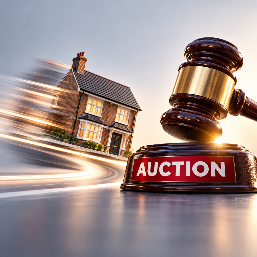 Auction gavel beside a UK home, representing landlords choosing fast and certain property sales