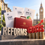 Autumn Budget briefcase with CGT, LHA and EPC reform papers highlighting rising landlord costs