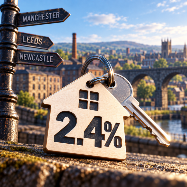 House keys marked 2.4% beside signs for Manchester, Leeds and Newcastle, illustrating rising rents in Great Britain.