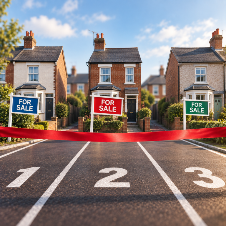 Three homes for sale illustrate rising property listings and increased competition among sellers in England.
