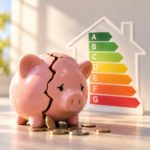Cracked piggy bank beside an EPC chart highlighting the cost barrier to energy-efficiency upgrades