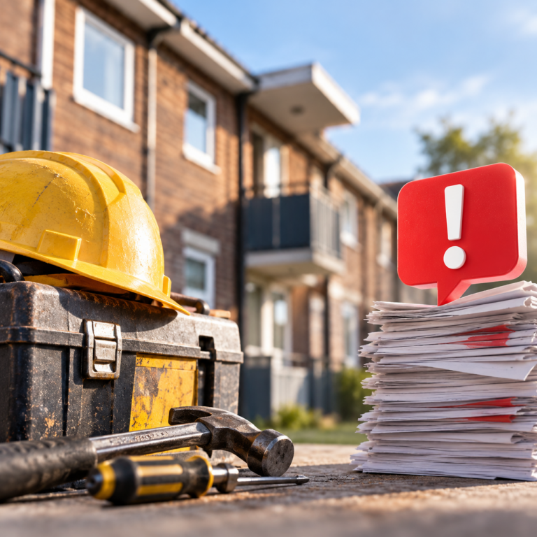 Social housing repairs tools beside a stack of complaint paperwork and warning symbol