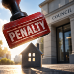 Penalty stamp above a model house outside a council building, representing proposed tougher housing fines