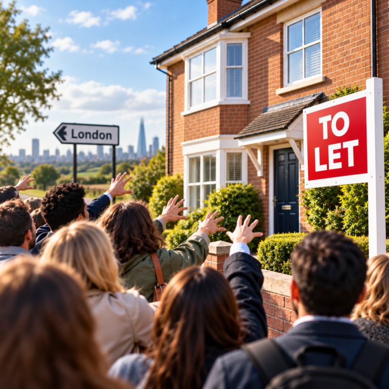 Crowds compete for a house to let as tenant demand for family homes rises outside London