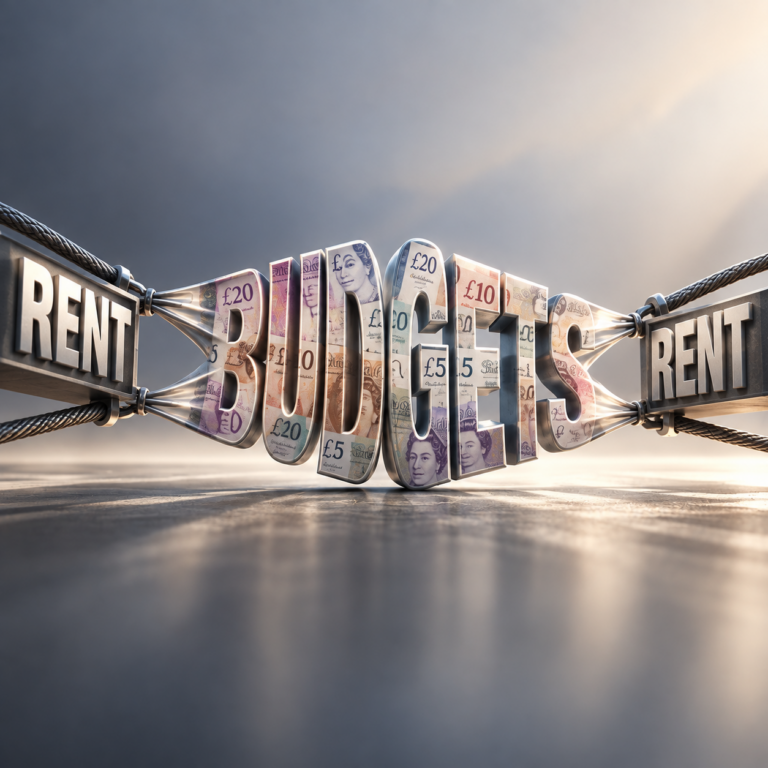 UK rent and budget pressures illustrated with pound notes squeezed between rising rental costs