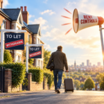 Landlord leaving a rental street as withdrawn signs and a rent controls megaphone highlight changes in the PRS.