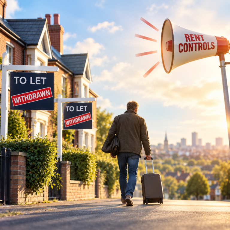 Landlord leaving a rental street as withdrawn signs and a rent controls megaphone highlight changes in the PRS.