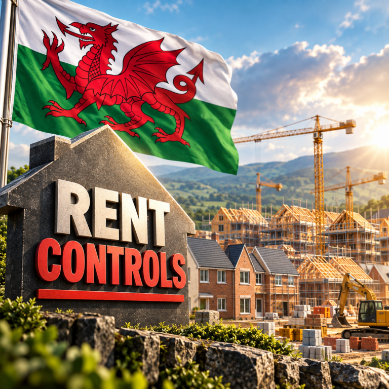 Welsh flag above a housing development highlighting proposed rent controls and new social homes