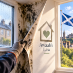 Worker inspecting severe damp and mould in a Scottish home ahead of Awaab’s Law