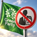 Green Party flag behind a sign symbolising opposition to landlords and private renting