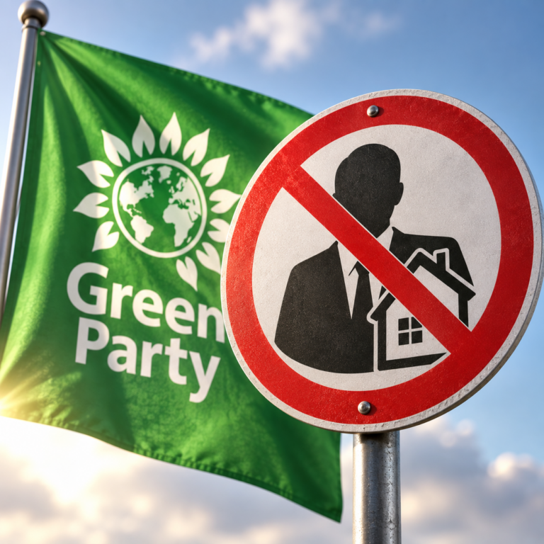 Green Party flag behind a sign symbolising opposition to landlords and private renting