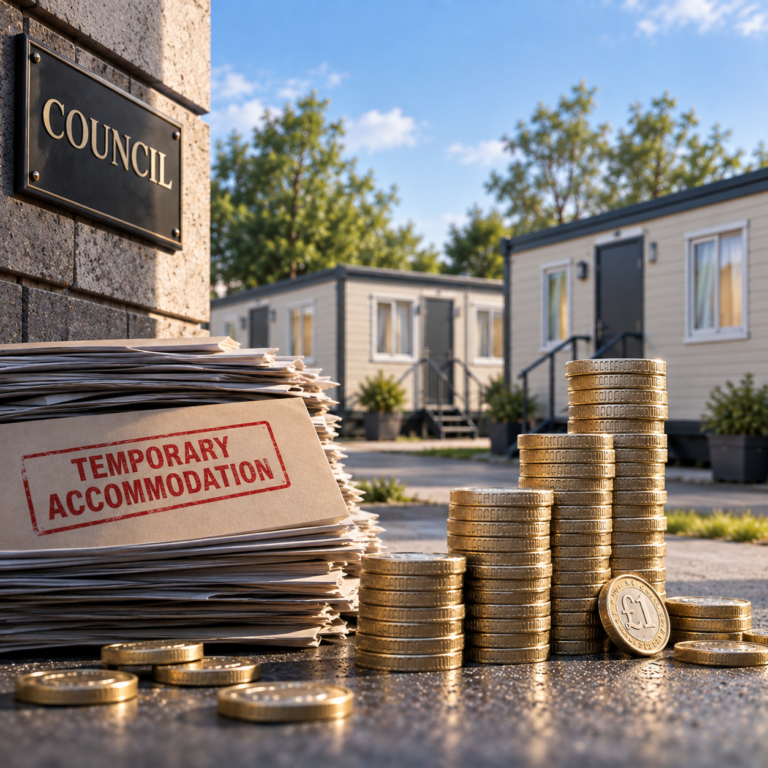 Council temporary accommodation costs in England illustrated by housing, paperwork and stacks of pound coins