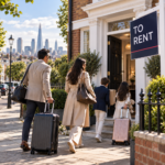 Family arriving at a London rental property with luggage before deciding where to buy
