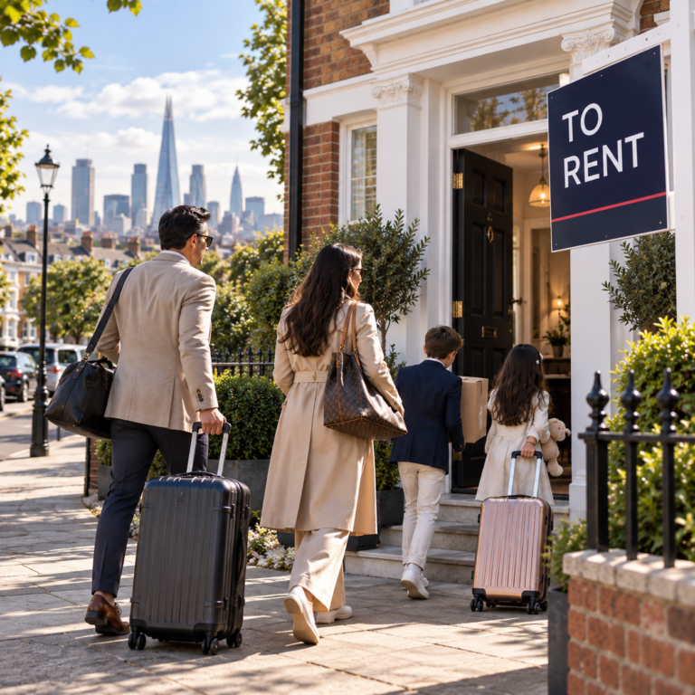 Family arriving at a London rental property with luggage before deciding where to buy
