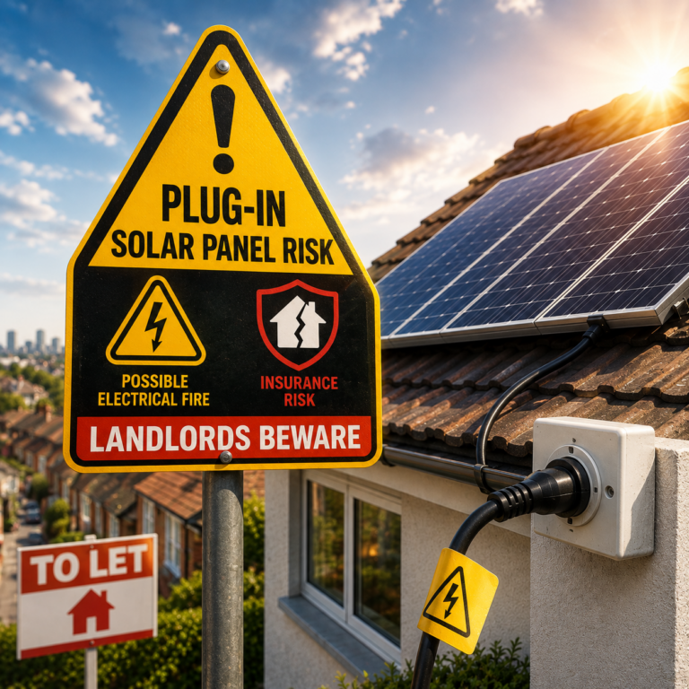 Warning sign highlights electrical, fire and insurance risks from plug-in solar panels at rented homes.