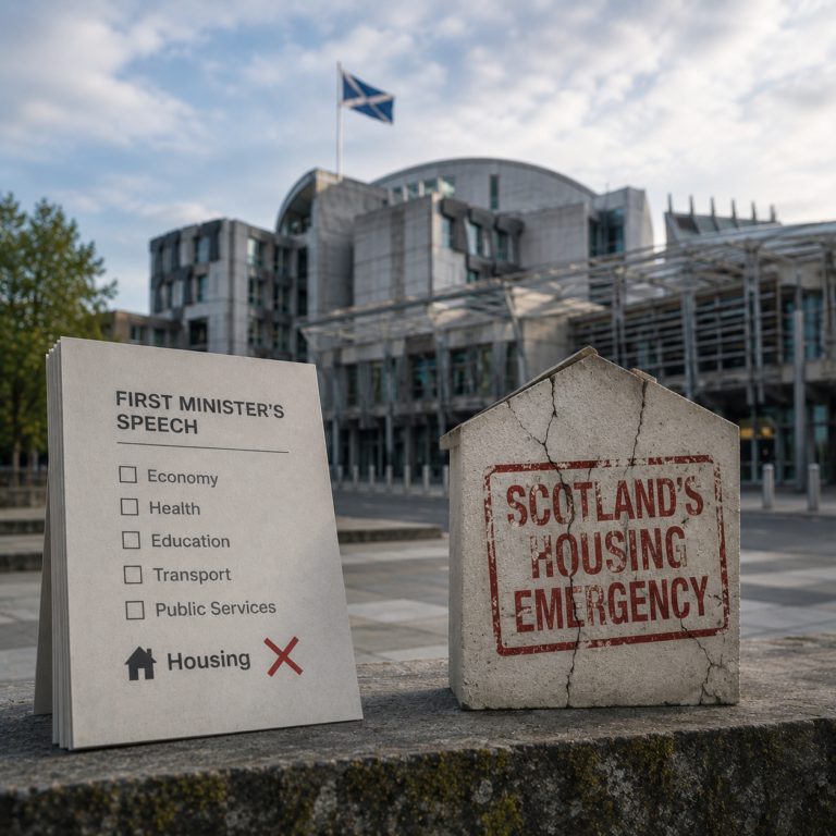 Scottish Parliament with signs highlighting Scotland’s housing emergency and lack of housing focus