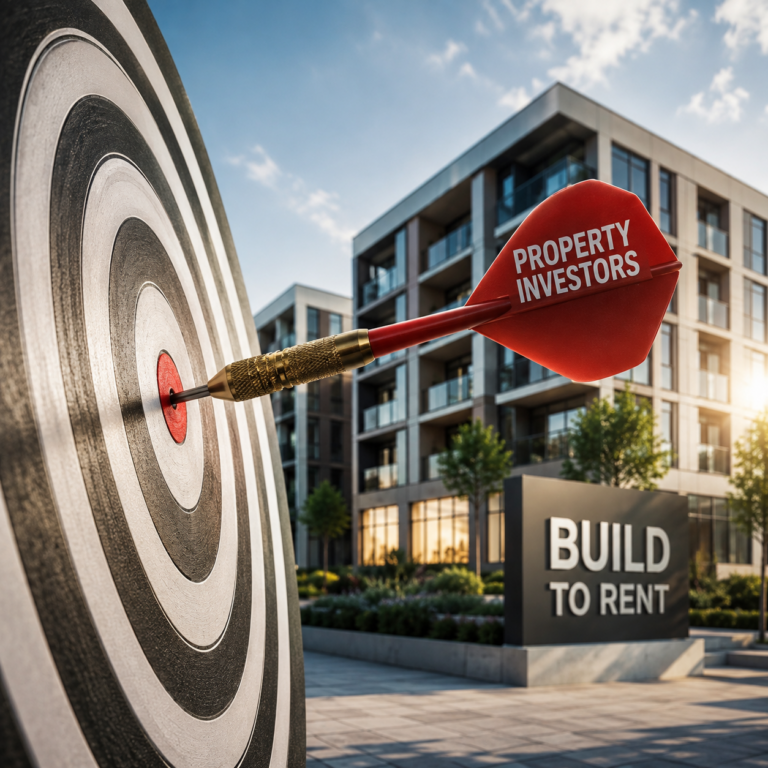 Dart hitting a target beside a Build to Rent development, representing property investors targeting the sector.