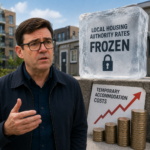 Andy Burnham beside graphics highlighting frozen Local Housing Allowance rates and rising temporary accommodation costs