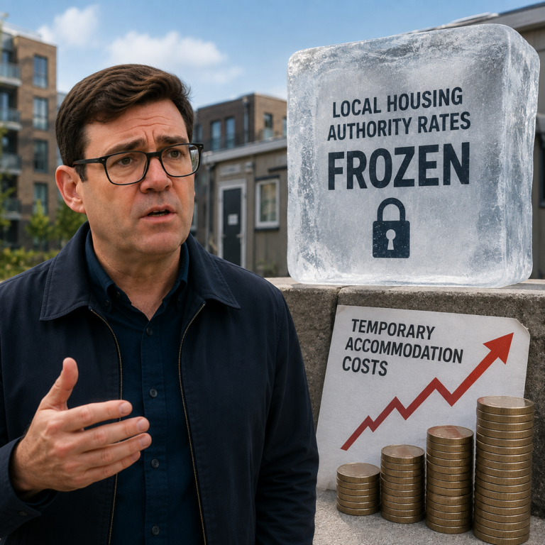 Andy Burnham beside graphics highlighting frozen Local Housing Allowance rates and rising temporary accommodation costs