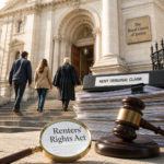Rent tribunal claim documents outside the Royal Courts of Justice illustrating tenant challenges to rent increases