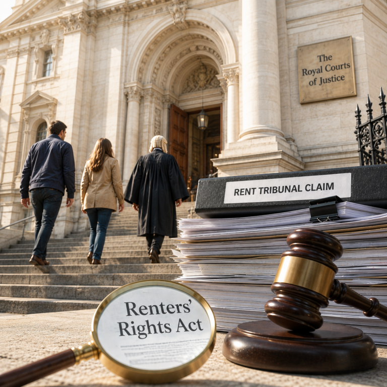 Rent tribunal claim documents outside the Royal Courts of Justice illustrating tenant challenges to rent increases