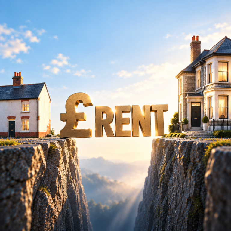 Pound rent symbol bridging homes illustrates large local rent differences across Britain