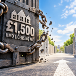 Broken chain beside a £1,500 HMO licensing fee sign symbolising the withdrawal of Telford’s licensing scheme.