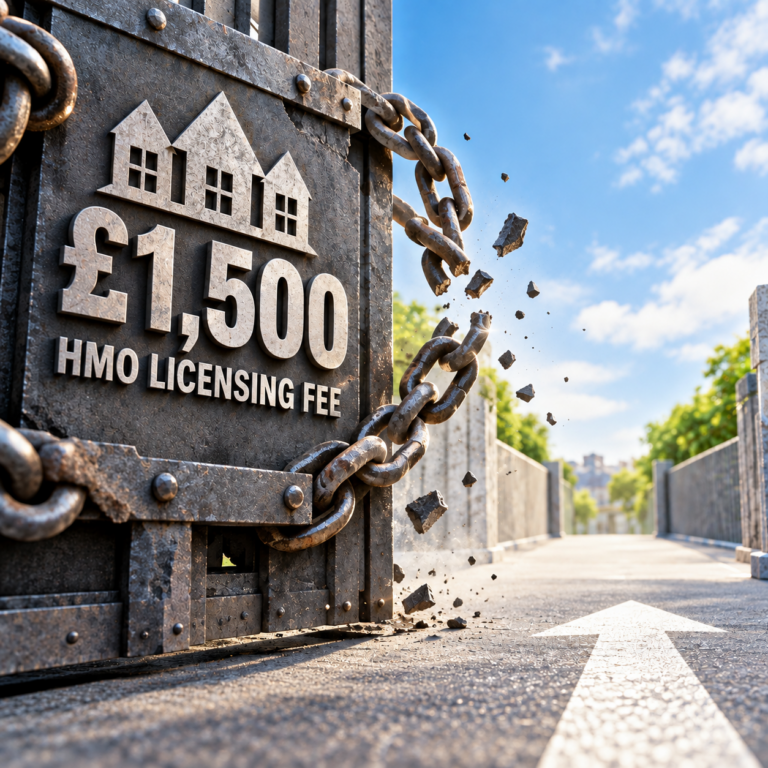 Broken chain beside a £1,500 HMO licensing fee sign symbolising the withdrawal of Telford’s licensing scheme.