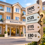 Retirement flats with signs showing ground rent, subletting, annual and pet fees