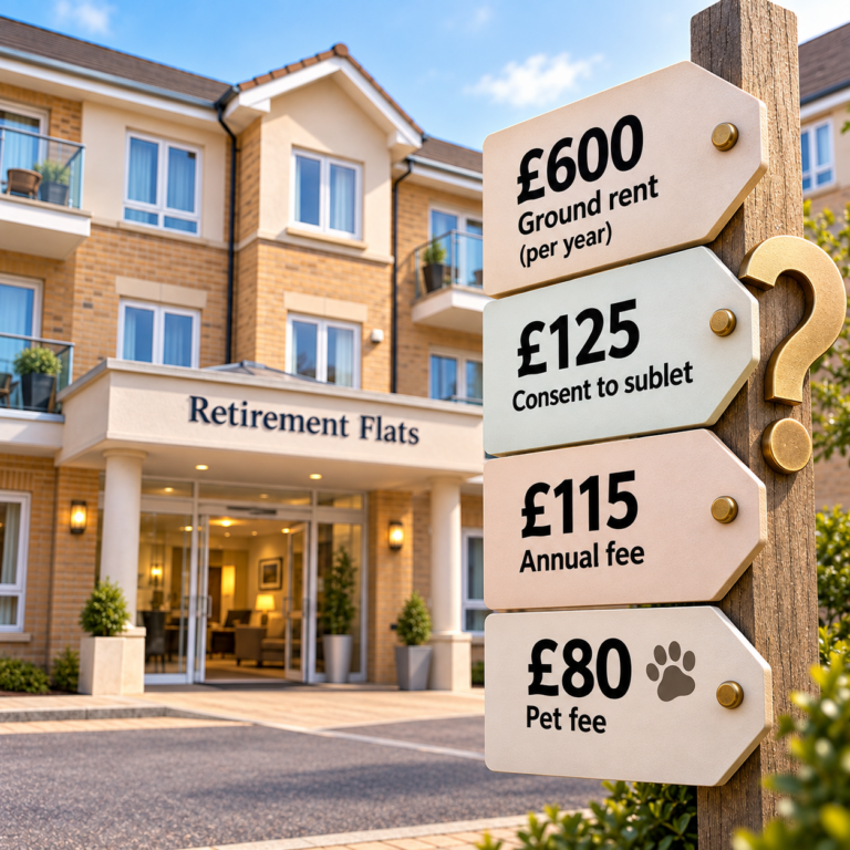 Retirement flats with signs showing ground rent, subletting, annual and pet fees