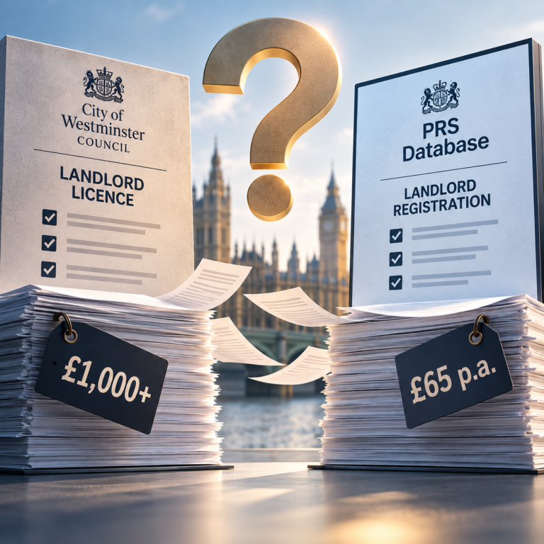 Westminster landlord licensing and PRS database paperwork highlighting £1,000+ and £65 annual fees