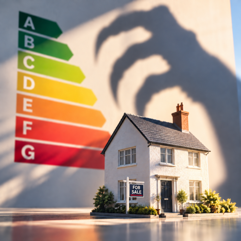 House for sale beside an EPC scale highlighting the impact of energy efficiency on property values