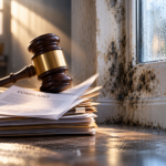 Gavel and complaint documents beside mould and damp damage in a rental property